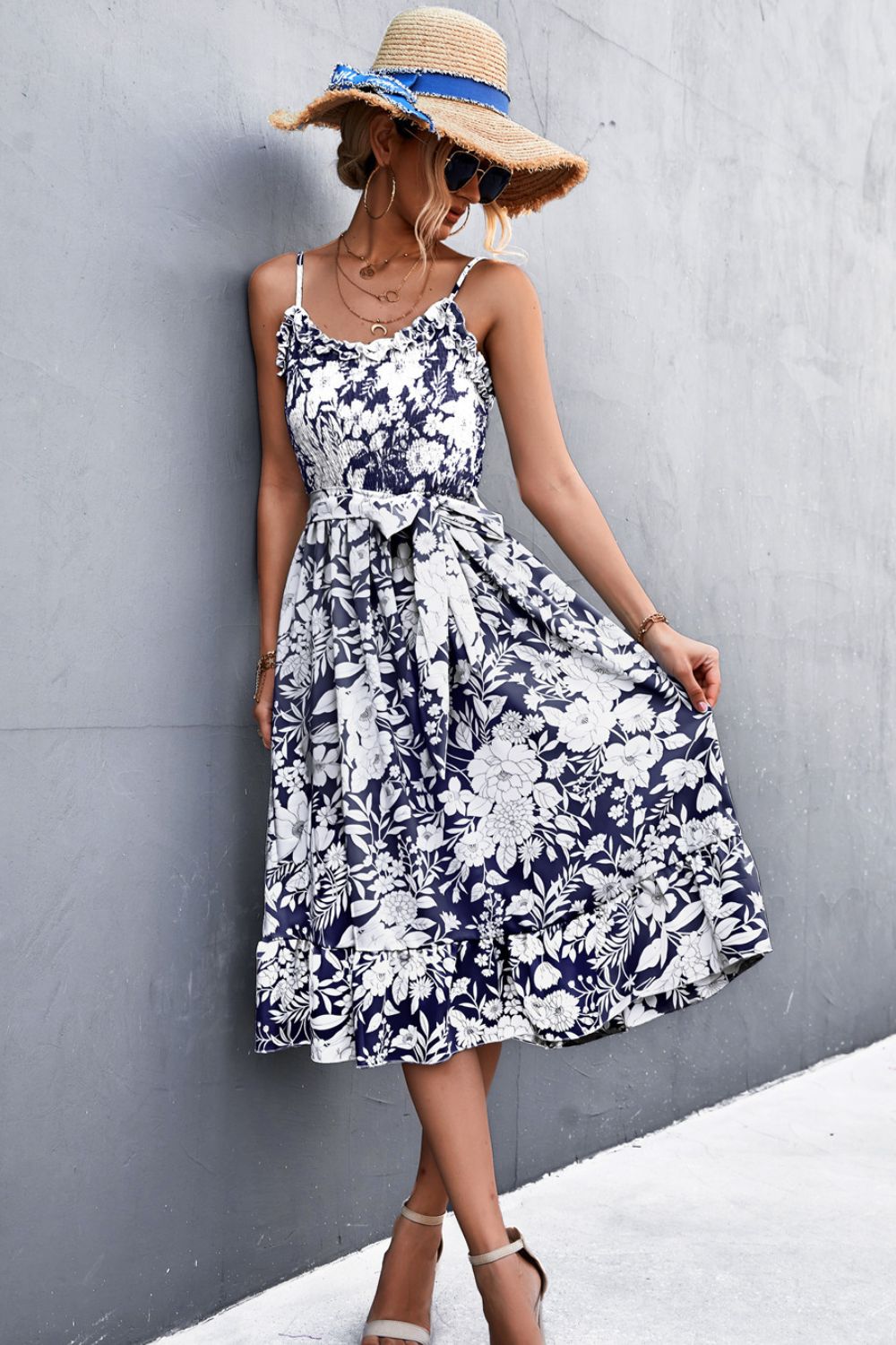 Floral Frill Trim Scoop Neck Spaghetti Strap Dress - ViarousViarousViarous