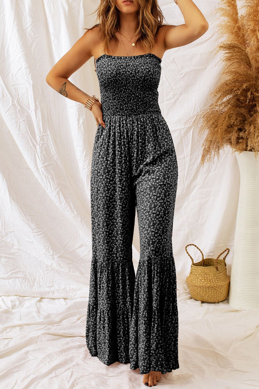 Floral Spaghetti Strap Wide Leg Jumpsuit - ViarousViarousViarous