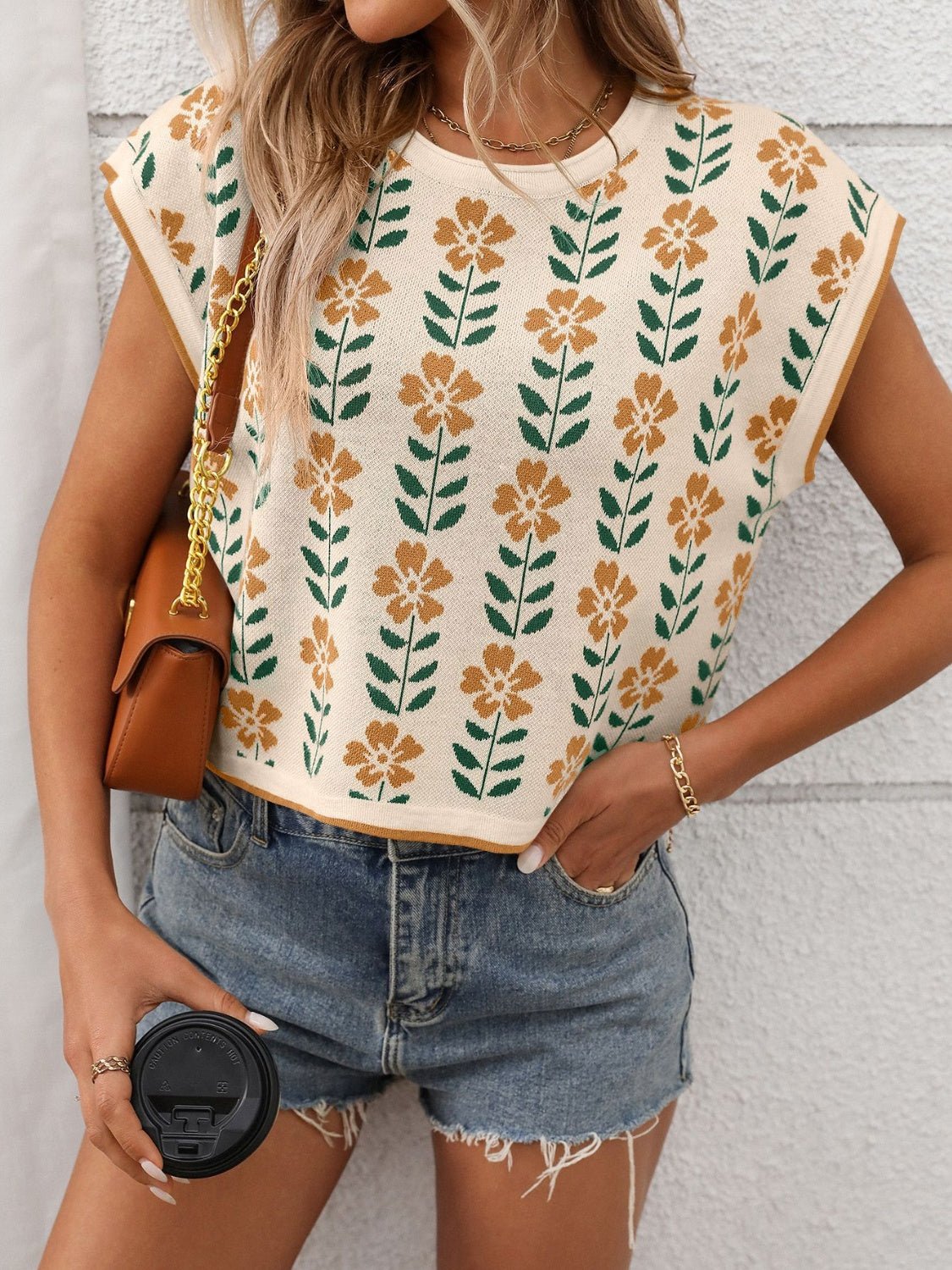 Flower Round Neck Short Sleeve Knit Top - ViarousViarousViarous