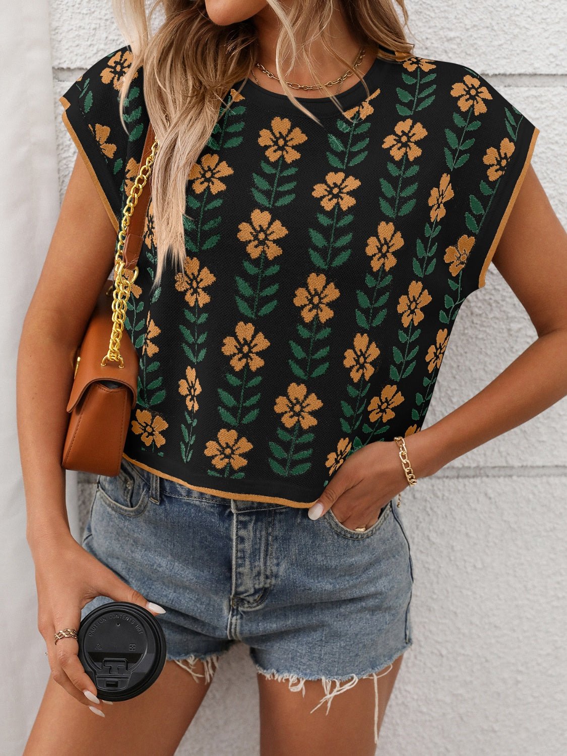 Flower Round Neck Short Sleeve Knit Top - ViarousViarousViarous
