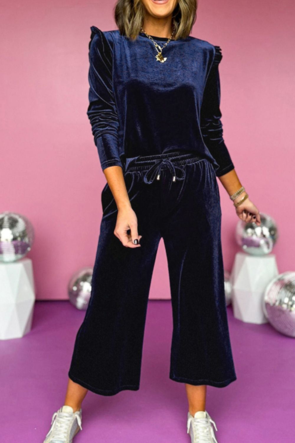 Frill Round Neck Long Sleeve Top and Pants Set - ViarousViarousViarous