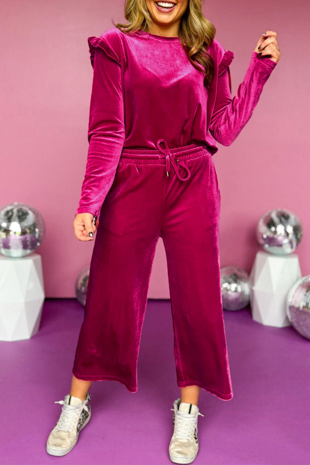 Frill Round Neck Long Sleeve Top and Pants Set - ViarousViarousViarous