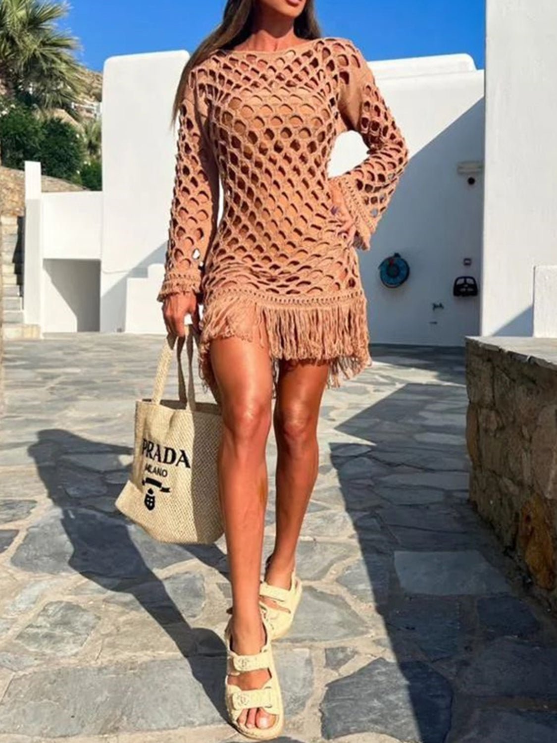 Fringe Cutout Long Sleeve Cover Up - ViarousViarousViarous