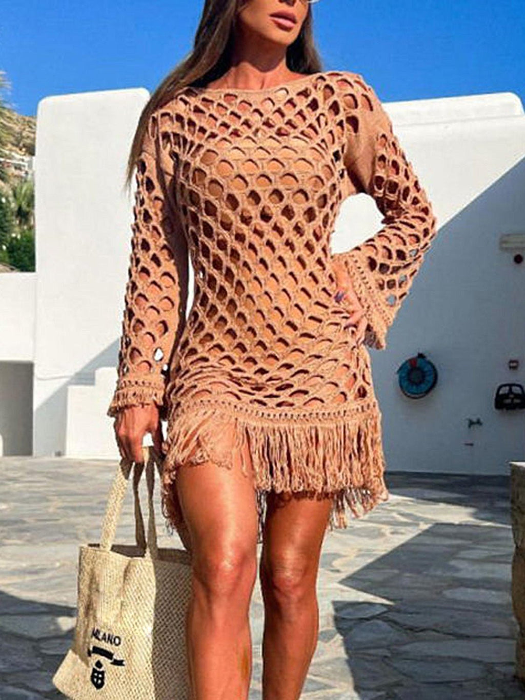 Fringe Cutout Long Sleeve Cover Up - ViarousViarousViarous