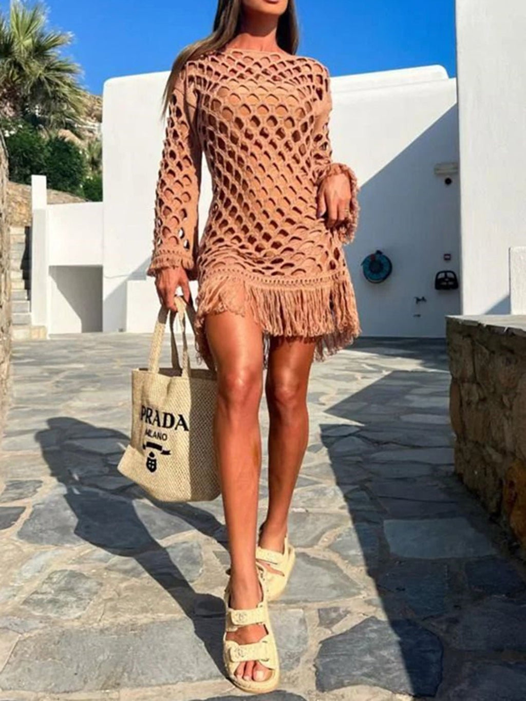 Fringe Cutout Long Sleeve Cover Up - ViarousViarousViarous