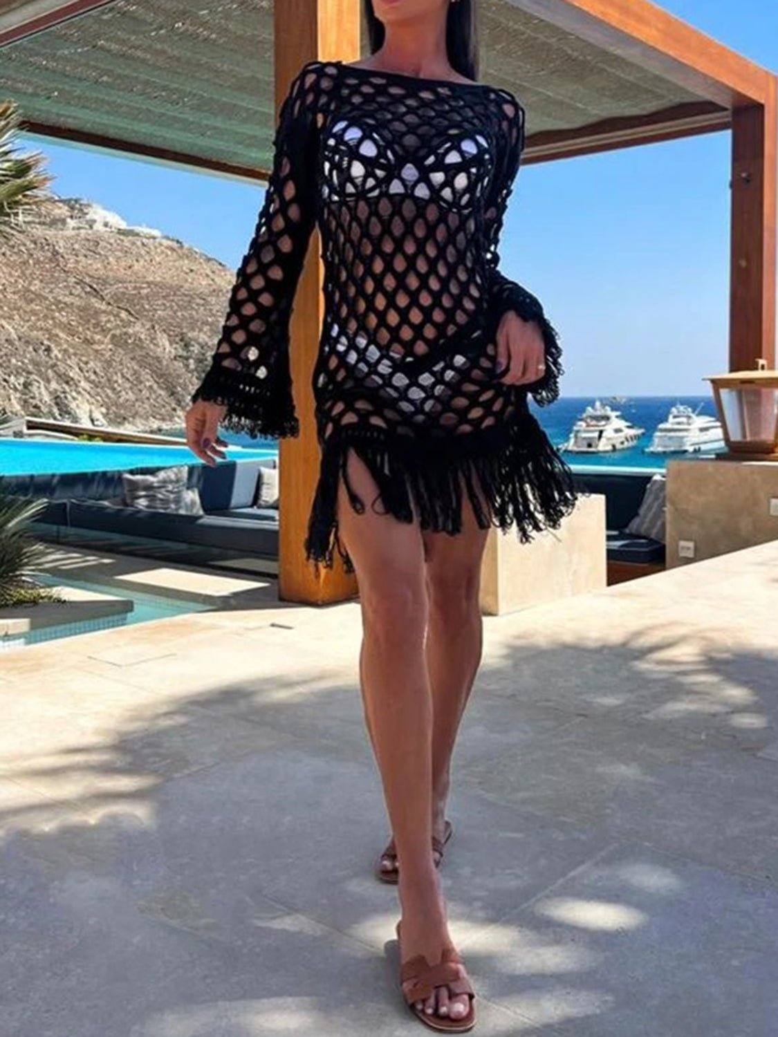 Fringe Cutout Long Sleeve Cover Up - ViarousViarousViarous