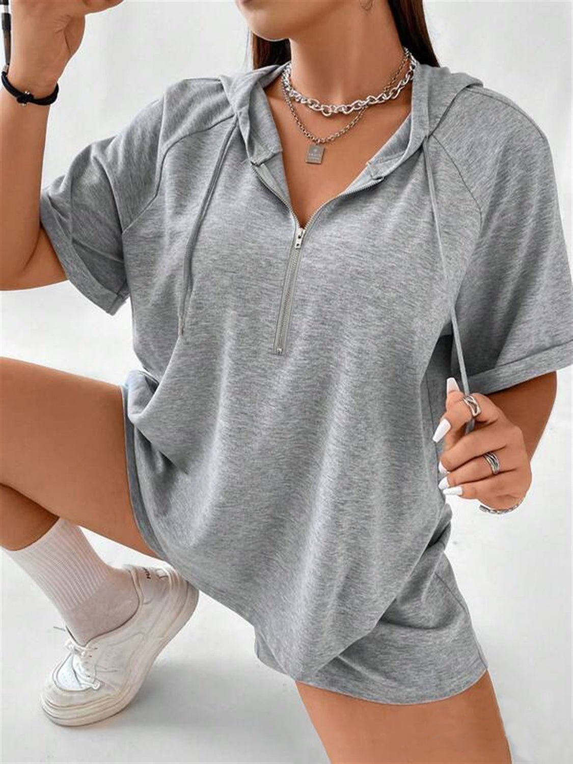 Full Size Drawstring Half Zip Hooded Top and Shorts Set Plus Size - ViarousViarousViarous