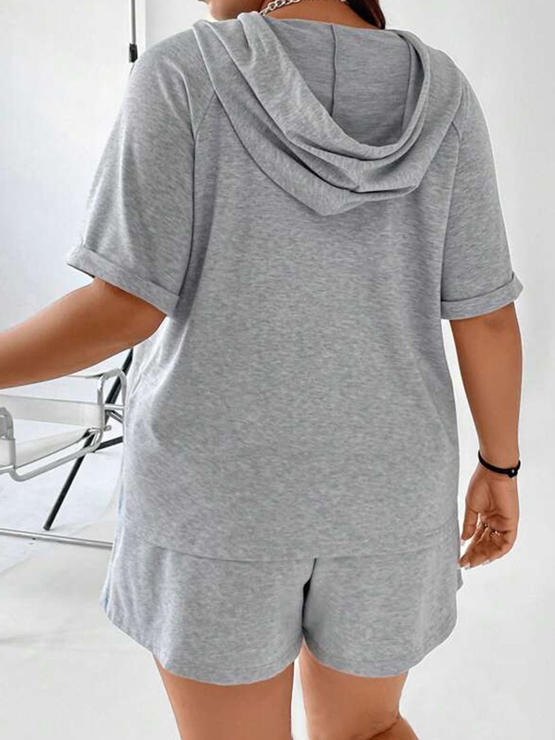 Full Size Drawstring Half Zip Hooded Top and Shorts Set Plus Size - ViarousViarousViarous