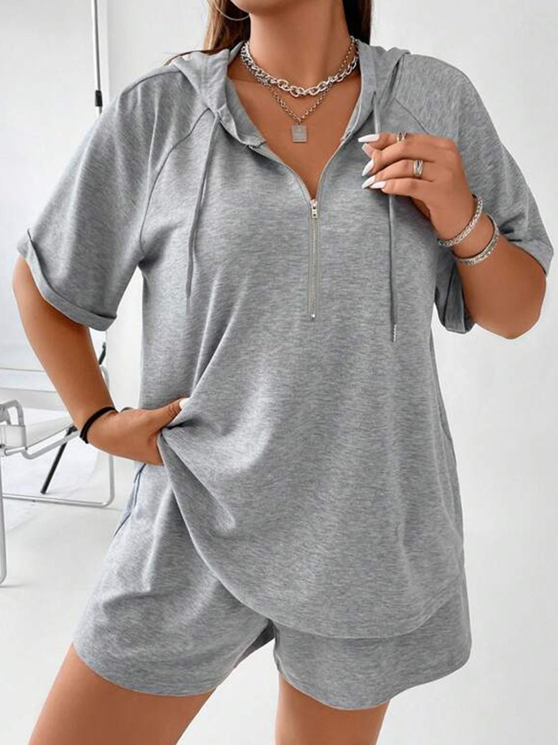 Full Size Drawstring Half Zip Hooded Top and Shorts Set Plus Size - ViarousViarousViarous