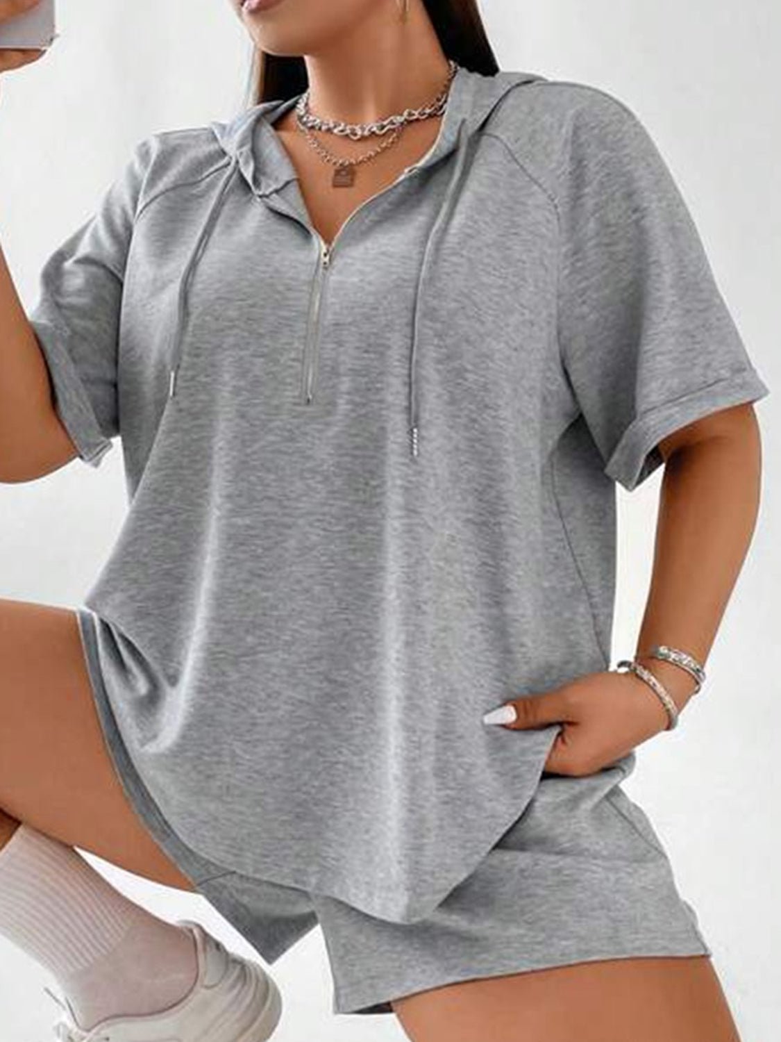 Full Size Drawstring Half Zip Hooded Top and Shorts Set Plus Size - ViarousViarousViarous