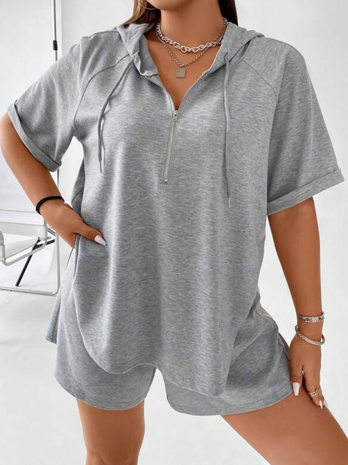 Full Size Drawstring Half Zip Hooded Top and Shorts Set Plus Size - ViarousViarousViarous