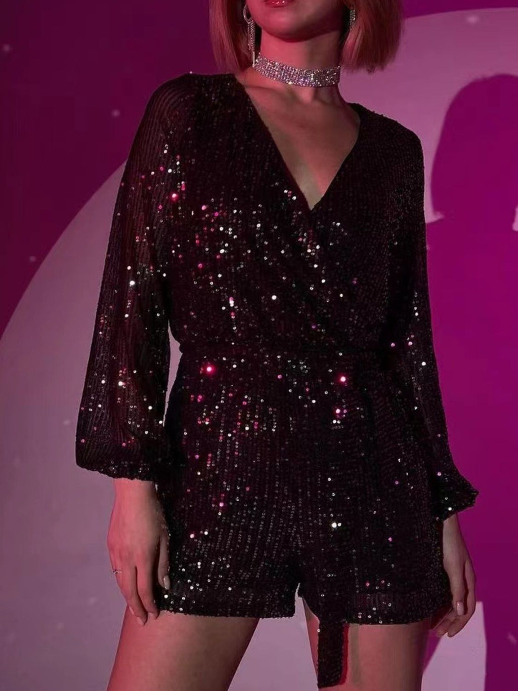Full Size Sequin Surplice Tie Waist Long Sleeve Romper - ViarousViarousViarous