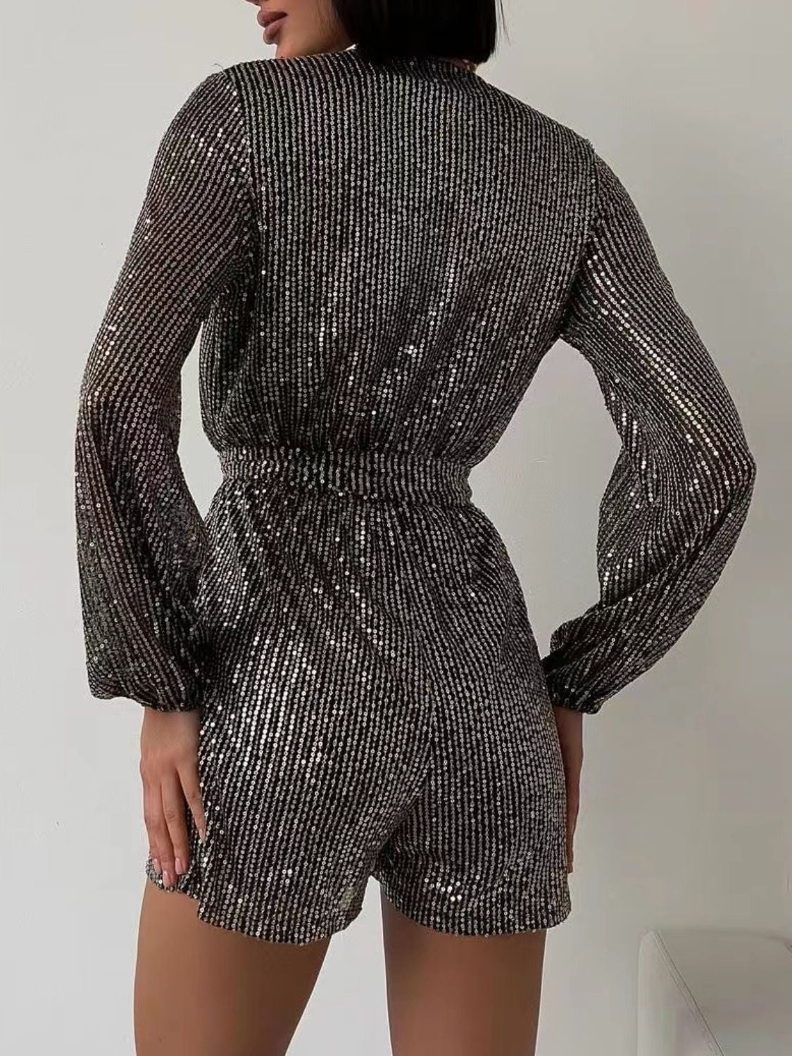 Full Size Sequin Surplice Tie Waist Long Sleeve Romper - ViarousViarousViarous