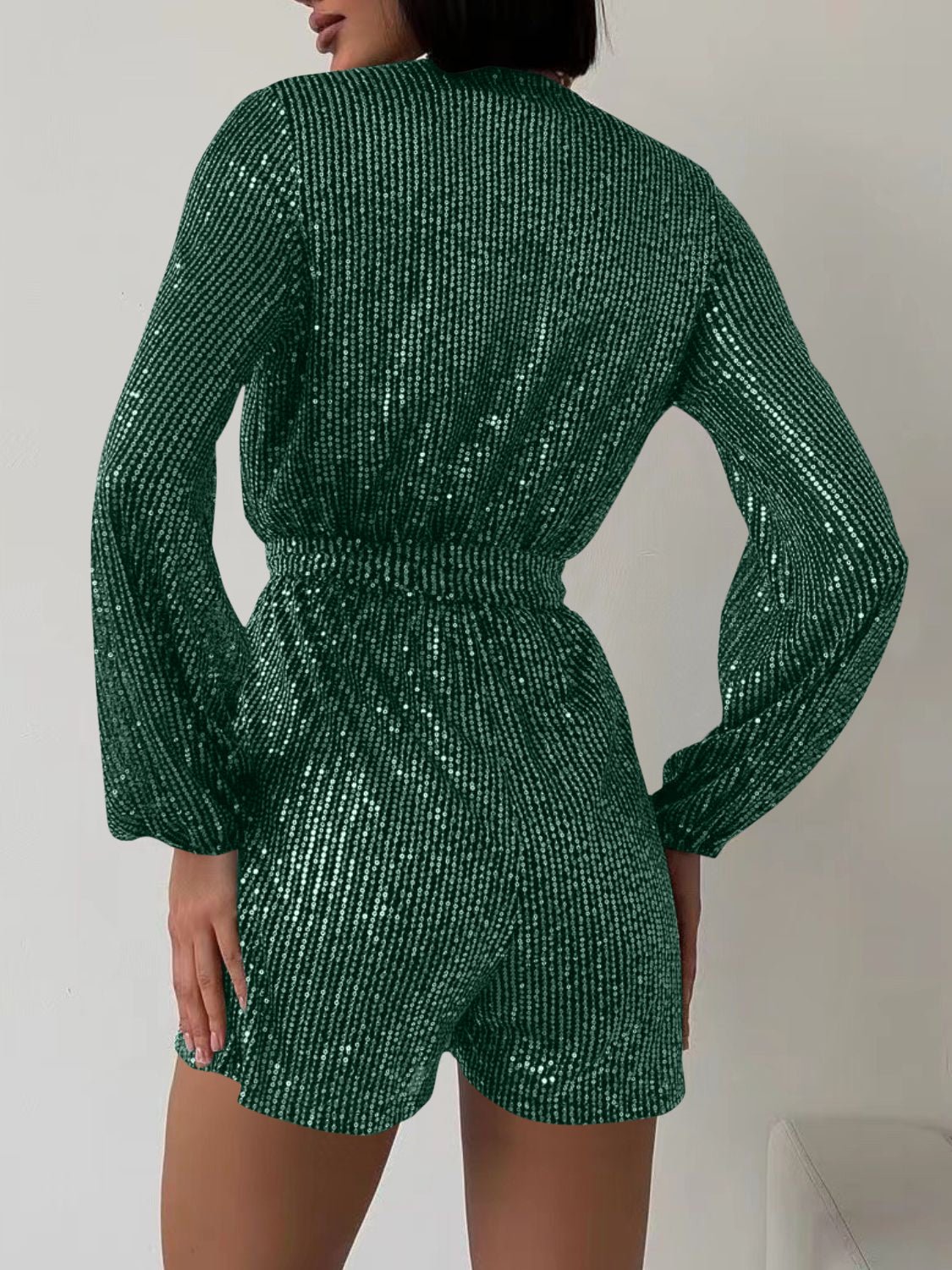 Full Size Sequin Surplice Tie Waist Long Sleeve Romper - ViarousViarousViarous