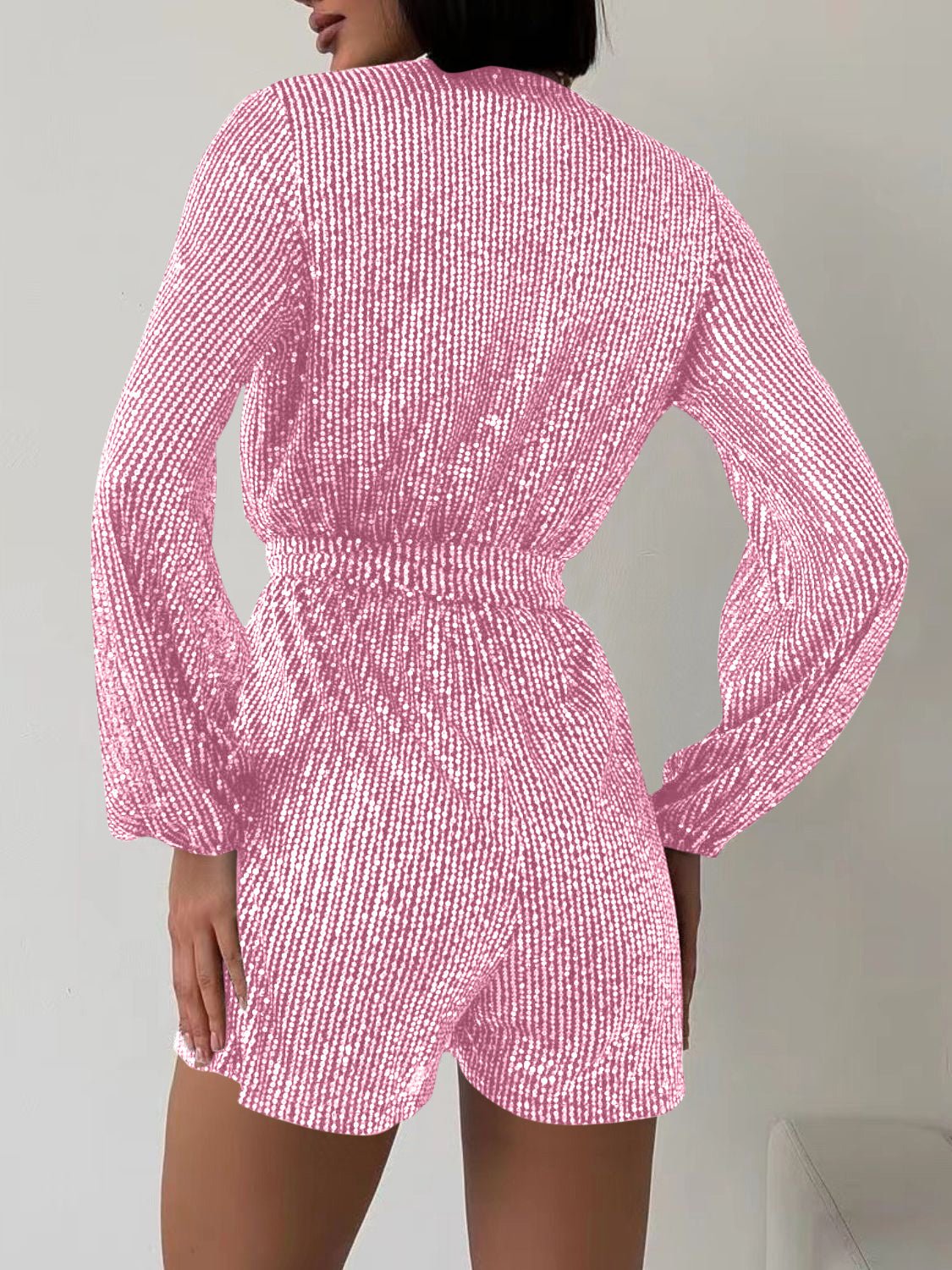 Full Size Sequin Surplice Tie Waist Long Sleeve Romper - ViarousViarousViarous