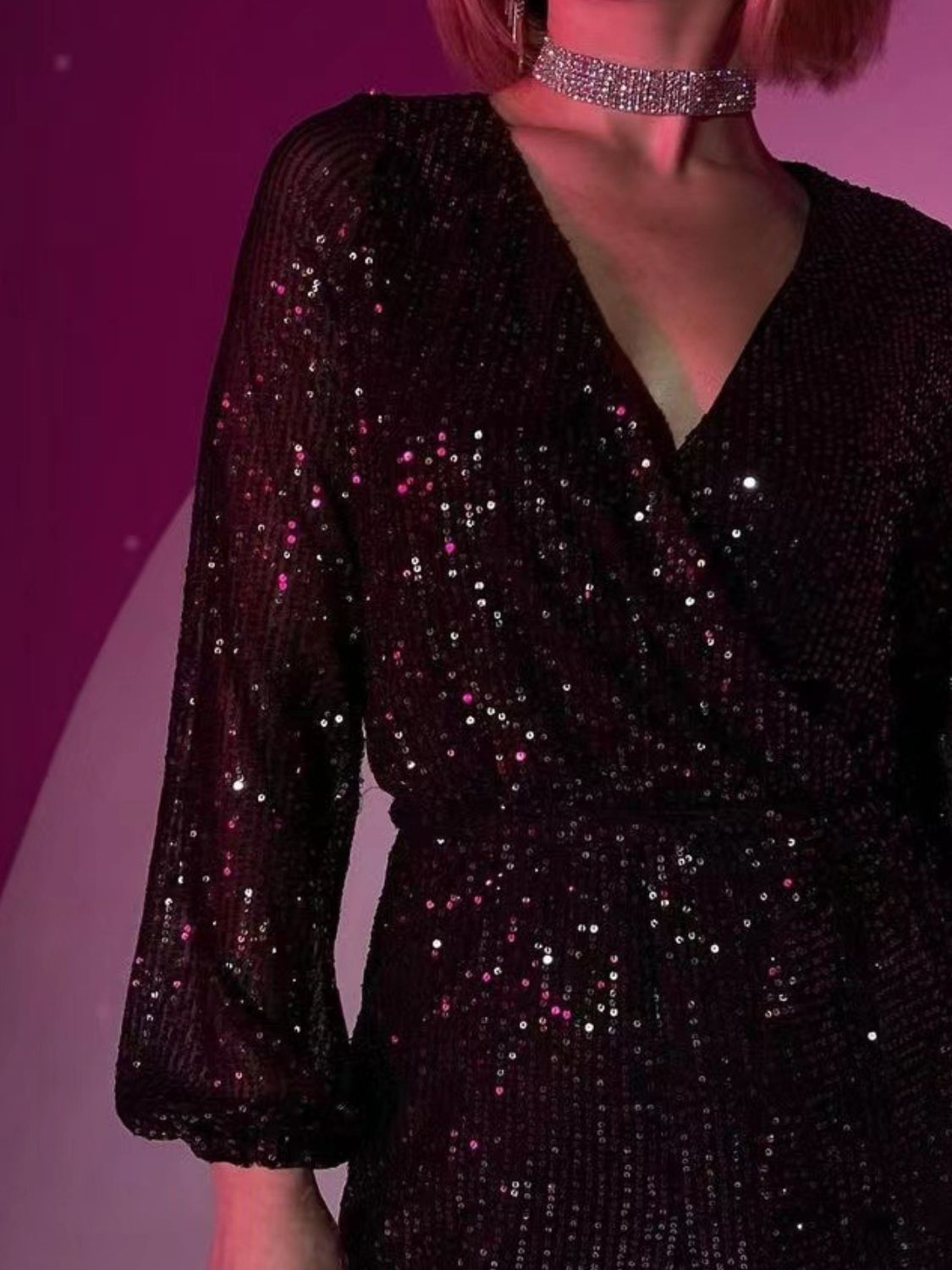 Full Size Sequin Surplice Tie Waist Long Sleeve Romper - ViarousViarousViarous