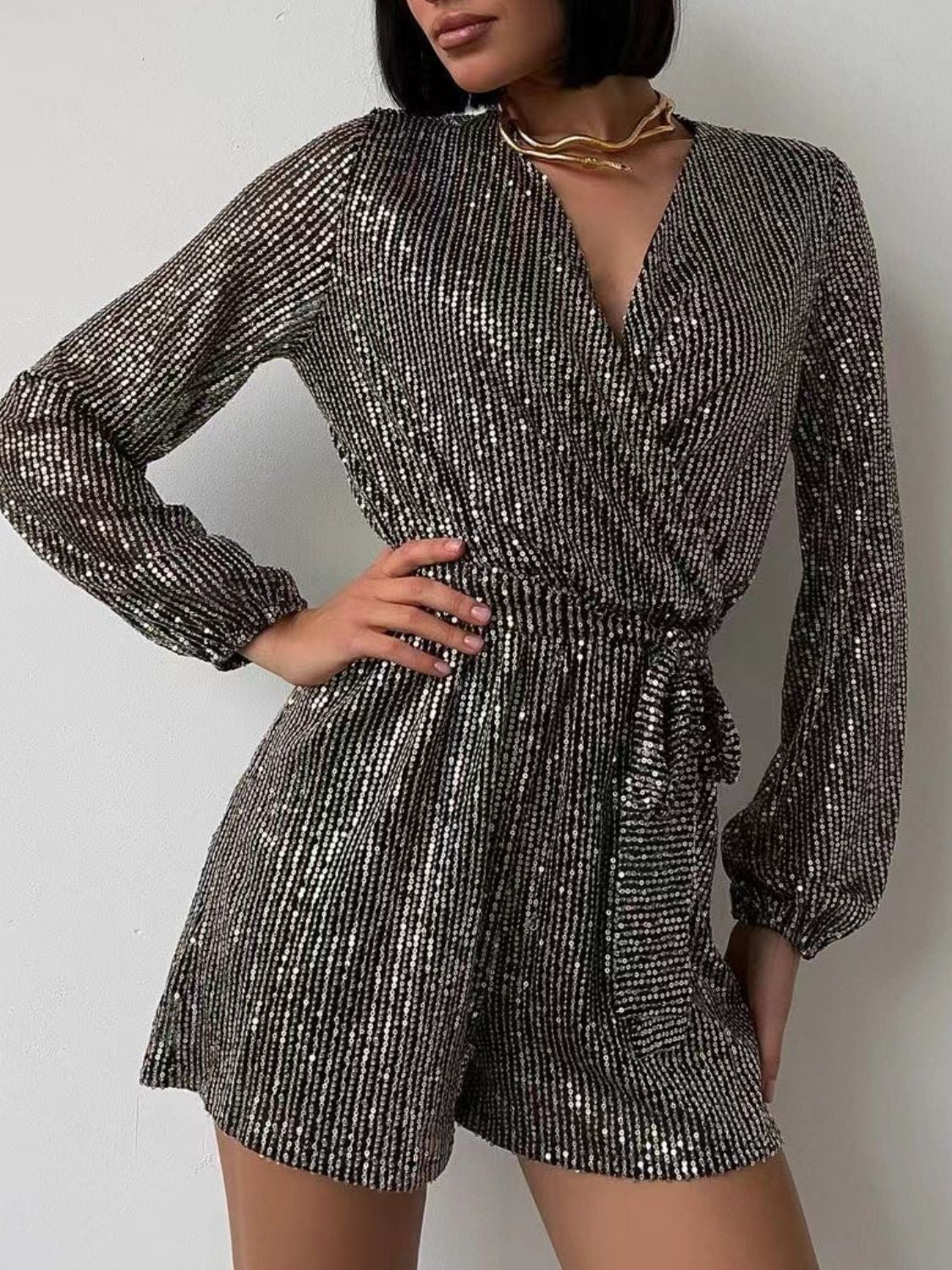 Full Size Sequin Surplice Tie Waist Long Sleeve Romper - ViarousViarousViarous