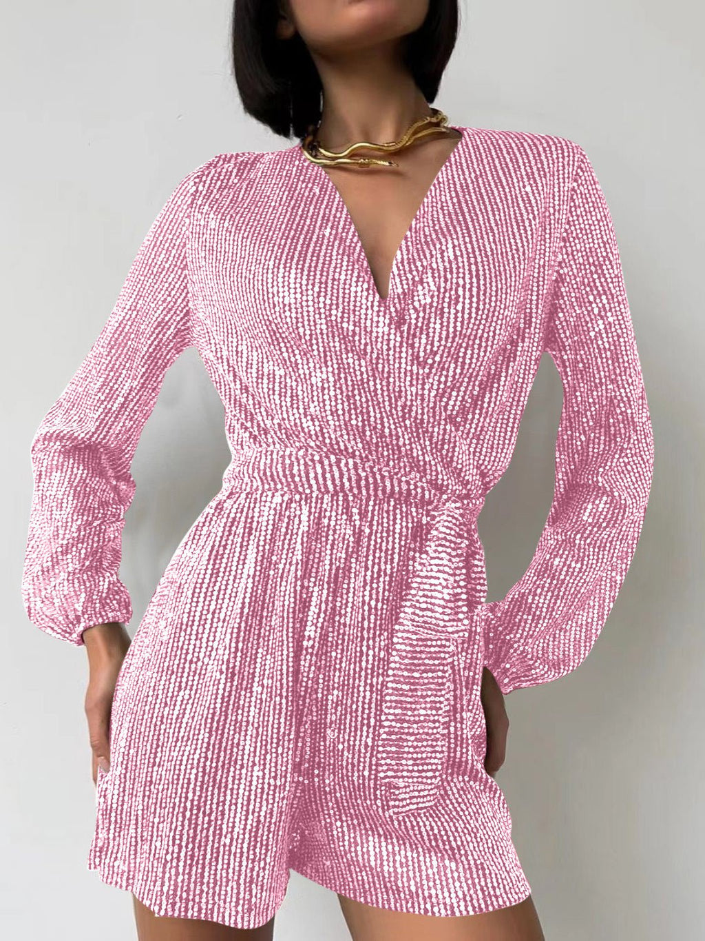 Full Size Sequin Surplice Tie Waist Long Sleeve Romper - ViarousViarousViarous