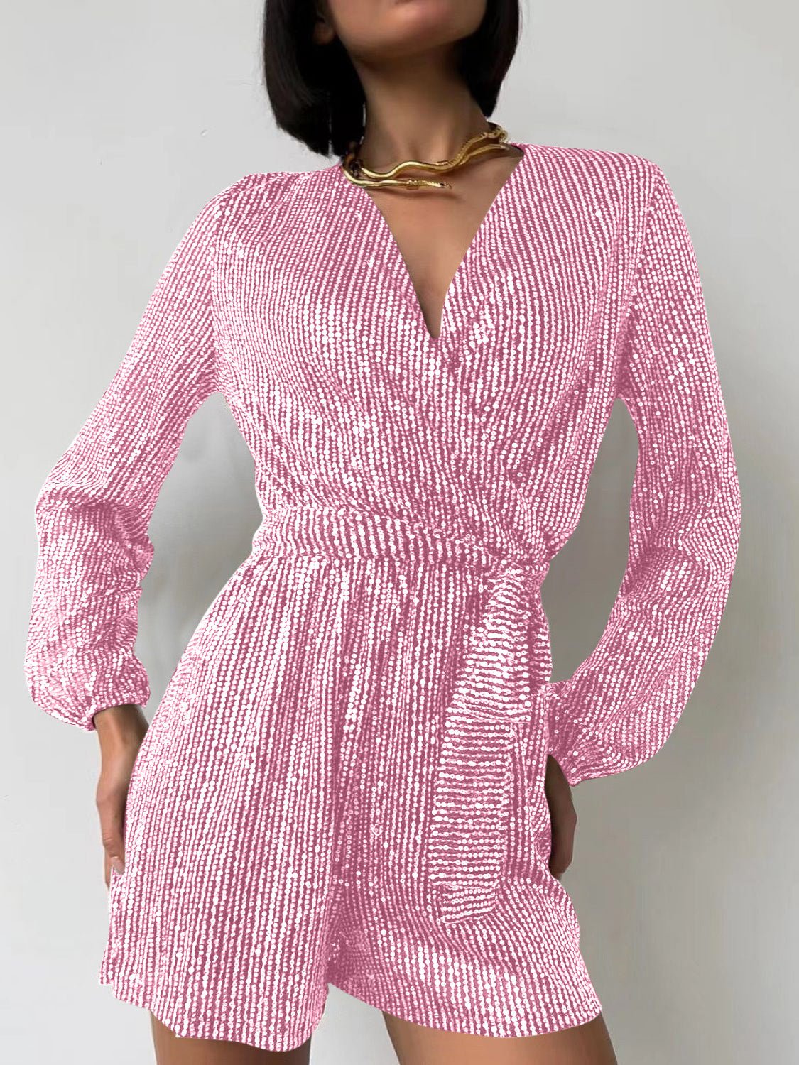 Full Size Sequin Surplice Tie Waist Long Sleeve Romper - ViarousViarousViarous