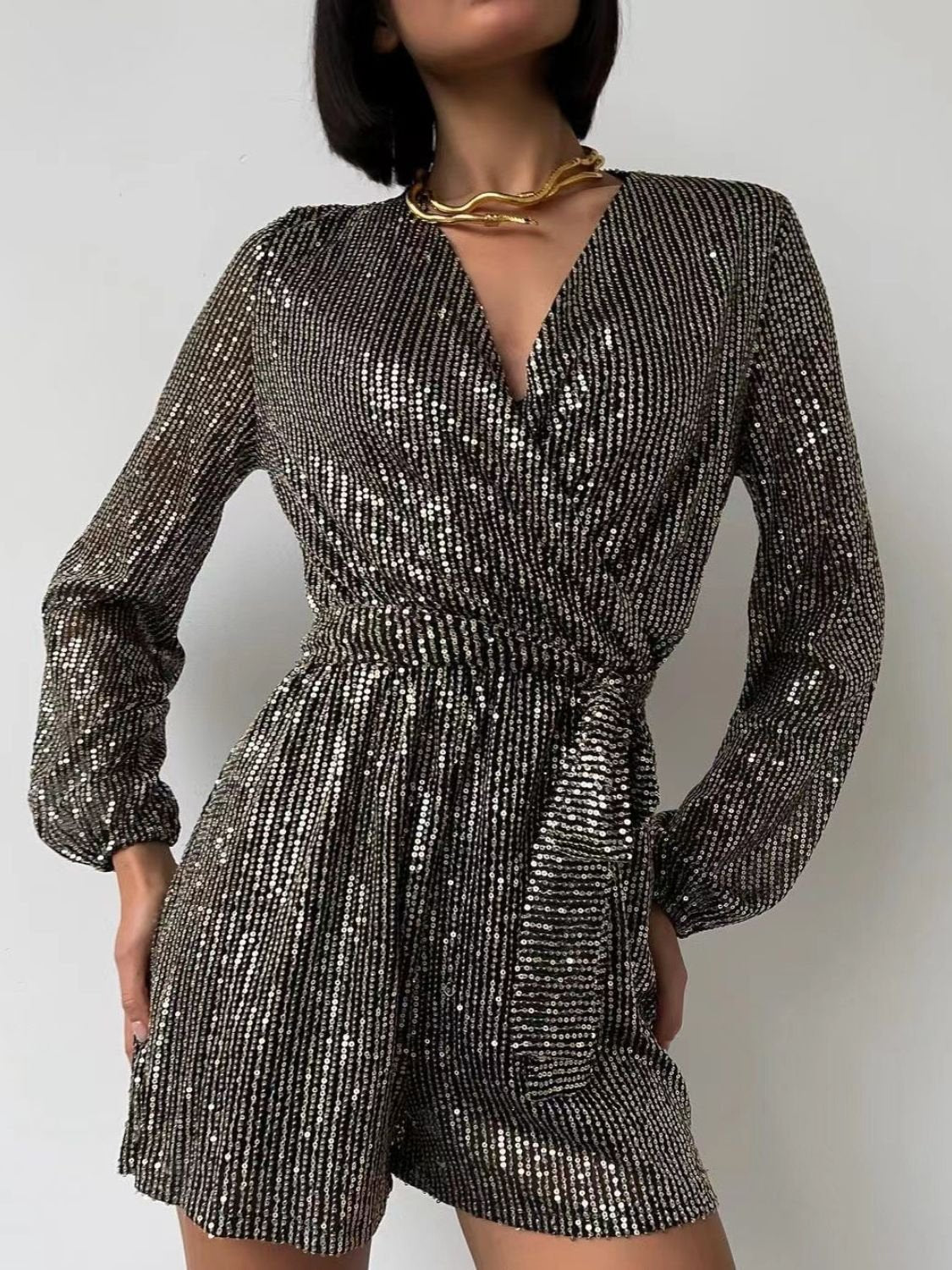 Full Size Sequin Surplice Tie Waist Long Sleeve Romper - ViarousViarousViarous