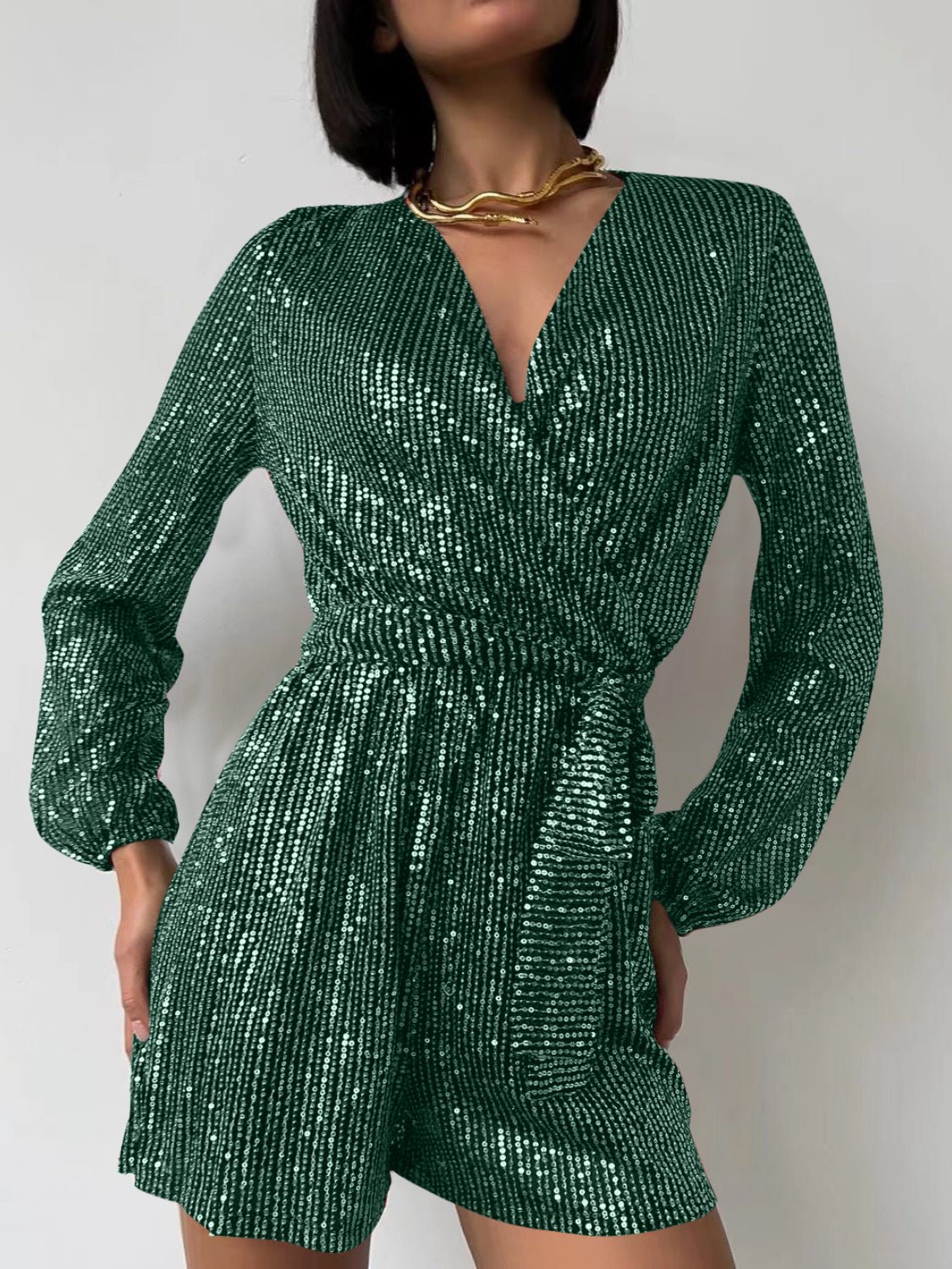 Full Size Sequin Surplice Tie Waist Long Sleeve Romper - ViarousViarousViarous