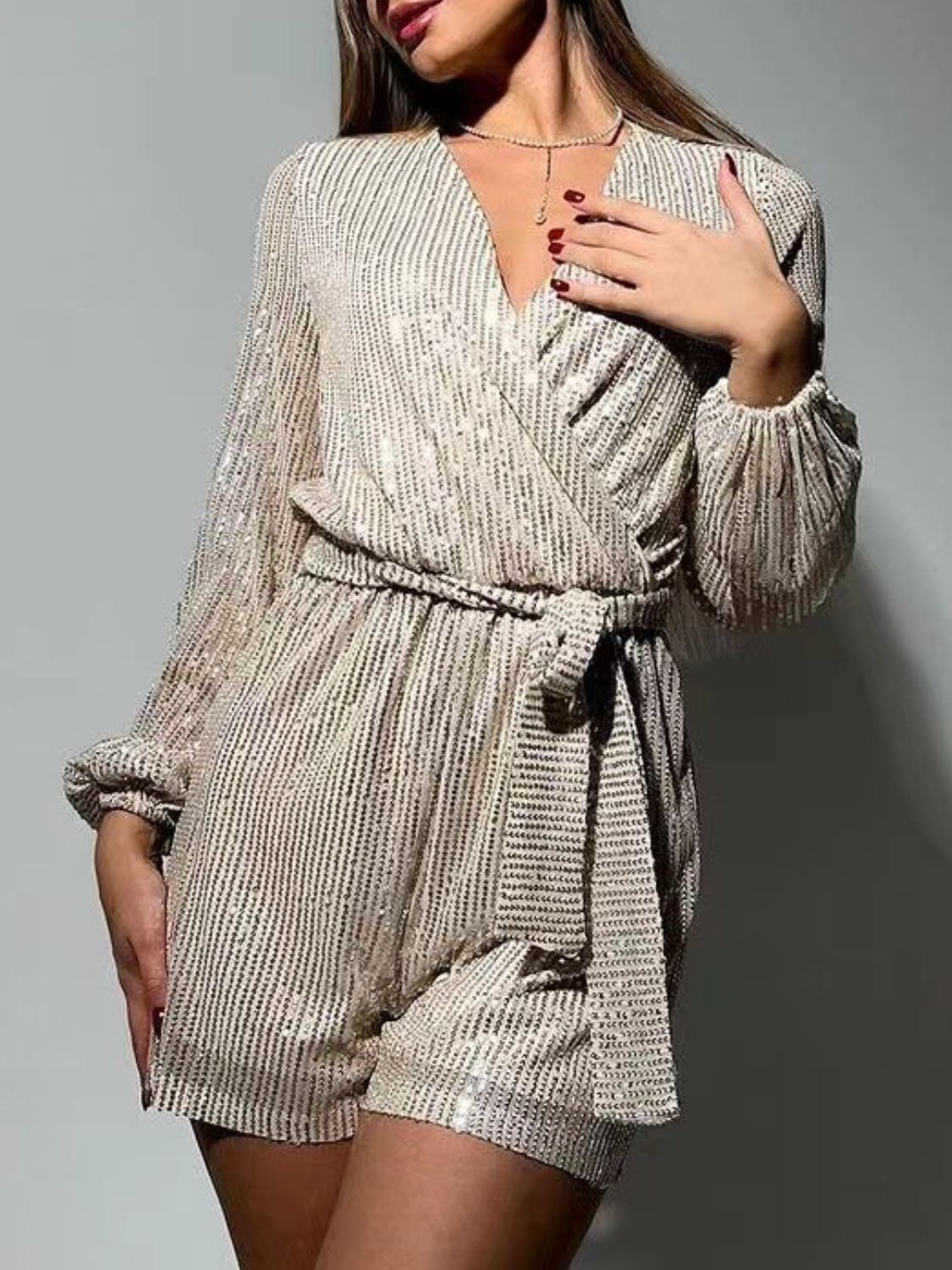 Full Size Sequin Surplice Tie Waist Long Sleeve Romper - ViarousViarousViarous