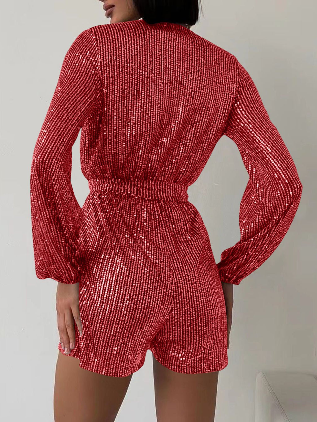 Full Size Sequin Surplice Tie Waist Long Sleeve Romper - ViarousViarousViarous