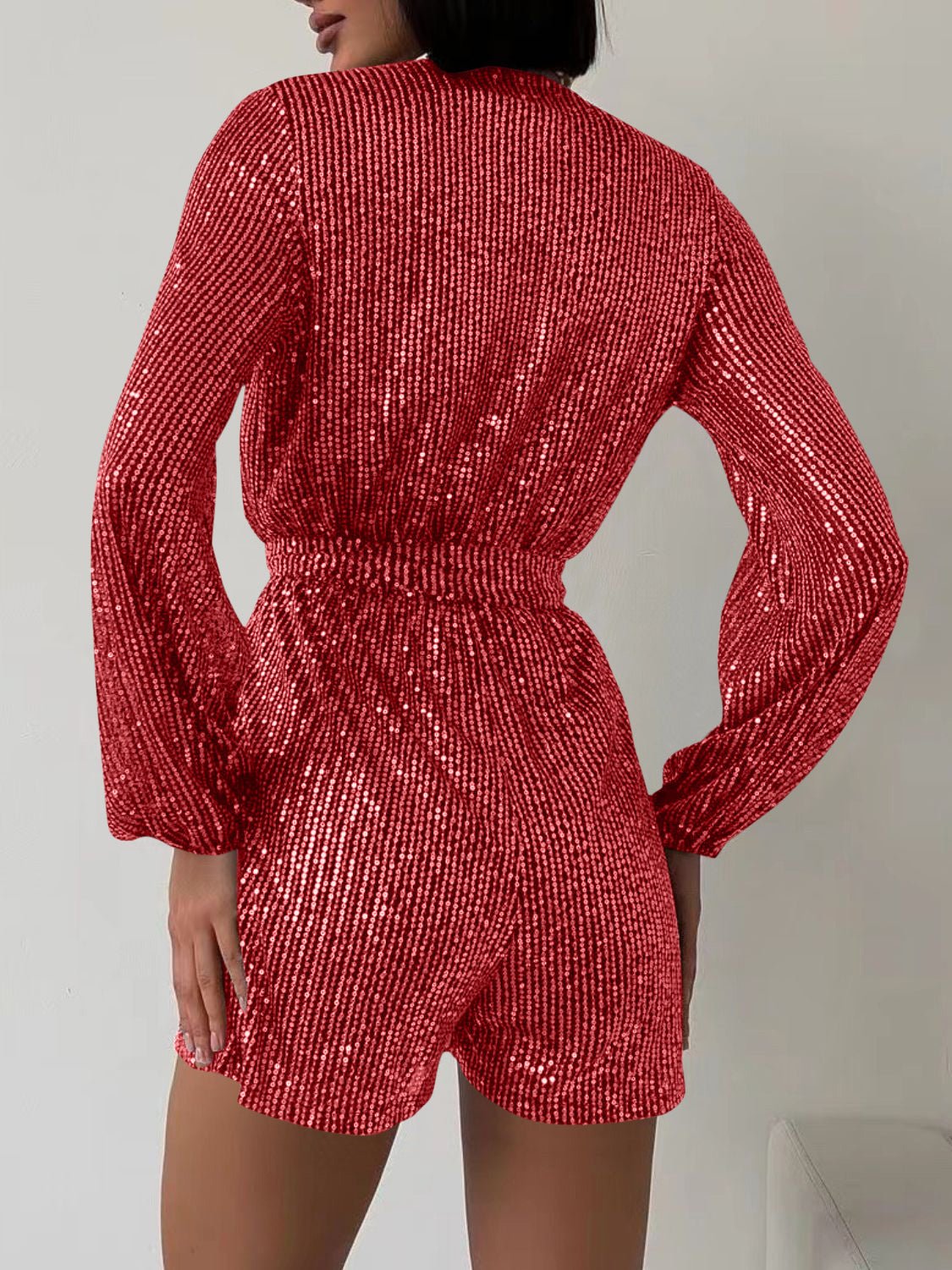 Full Size Sequin Surplice Tie Waist Long Sleeve Romper - ViarousViarousViarous