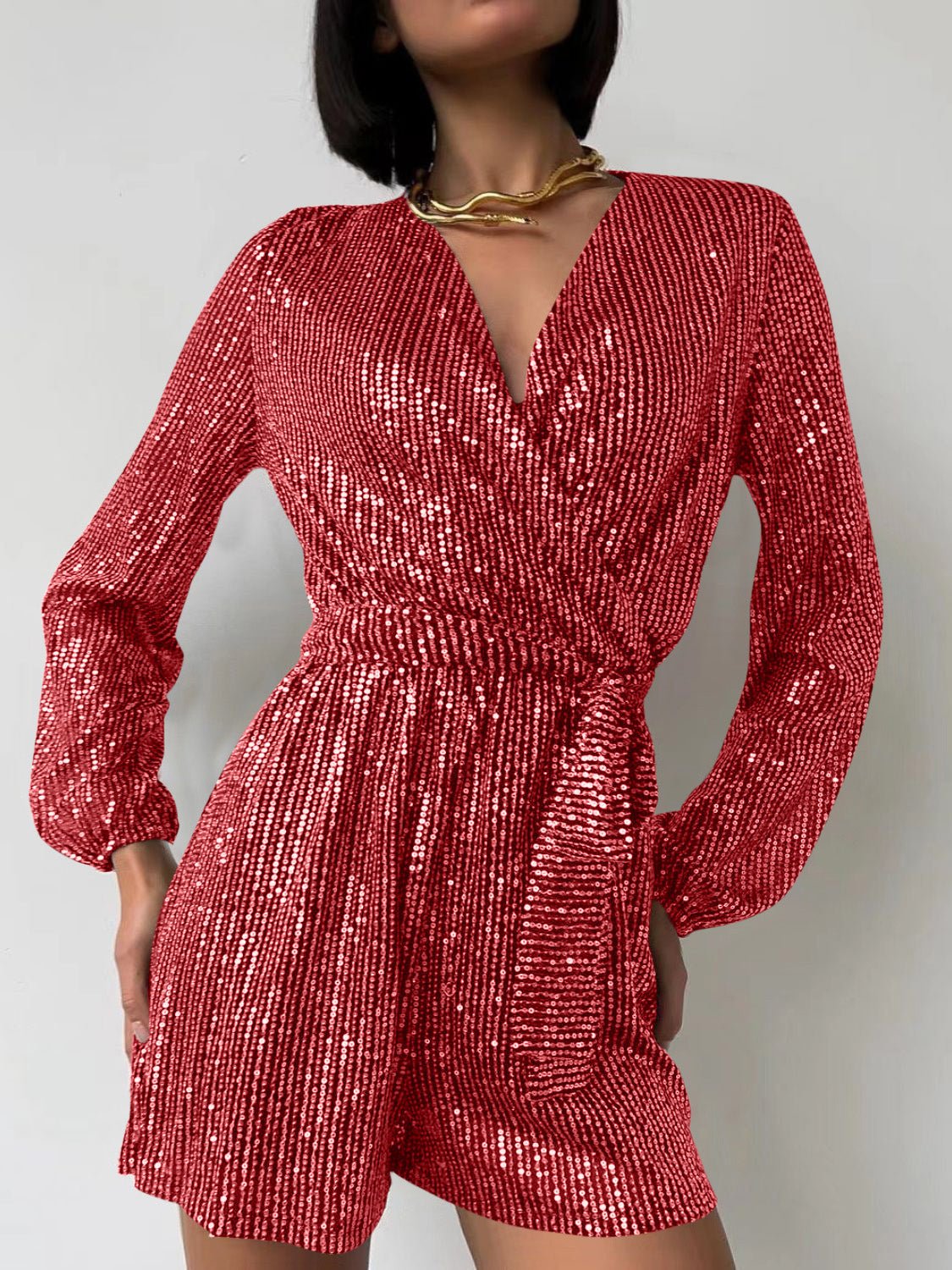 Full Size Sequin Surplice Tie Waist Long Sleeve Romper - ViarousViarousViarous