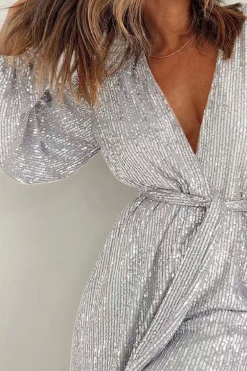 Full Size Sequin Surplice Tie Waist Long Sleeve Romper - ViarousViarousViarous