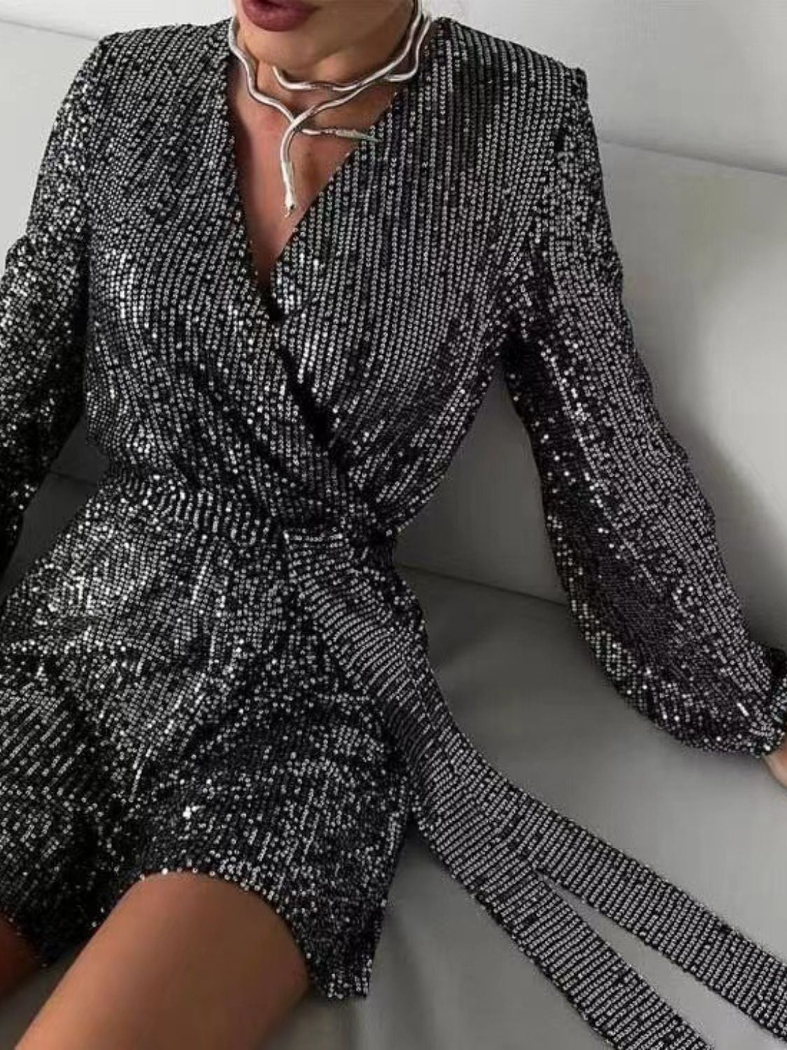 Full Size Sequin Surplice Tie Waist Long Sleeve Romper - ViarousViarousViarous