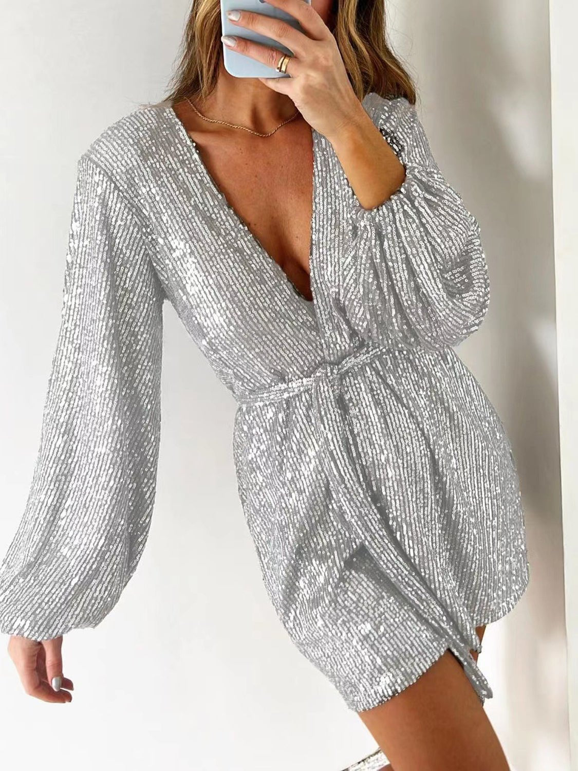 Full Size Sequin Surplice Tie Waist Long Sleeve Romper - ViarousViarousViarous
