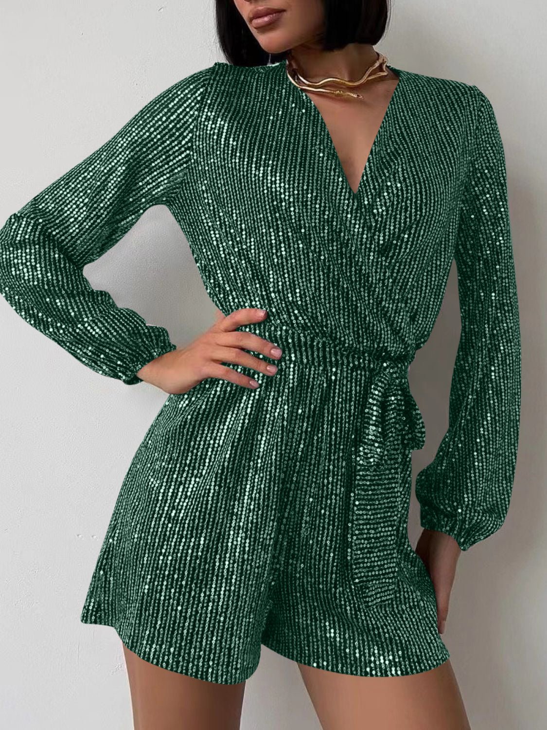 Full Size Sequin Surplice Tie Waist Long Sleeve Romper - ViarousViarousViarous
