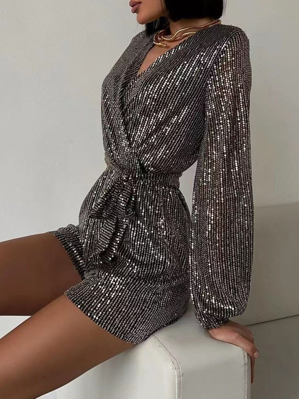 Full Size Sequin Surplice Tie Waist Long Sleeve Romper - ViarousViarousViarous