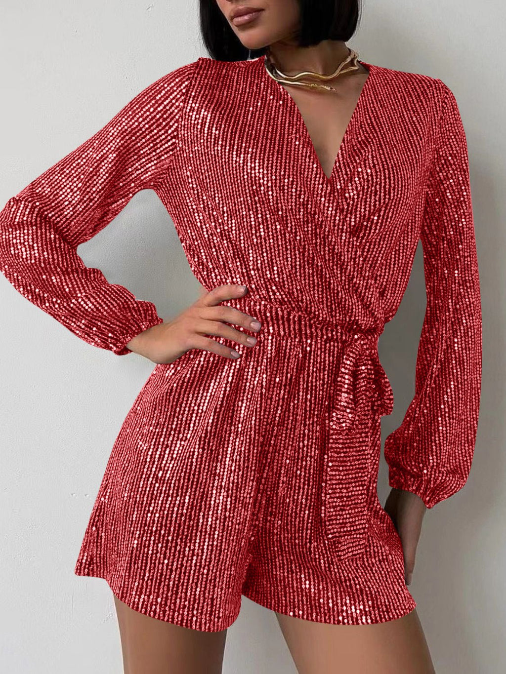 Full Size Sequin Surplice Tie Waist Long Sleeve Romper - ViarousViarousViarous