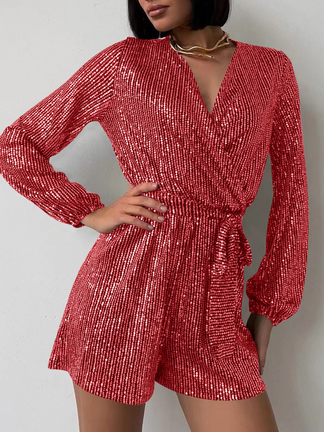 Full Size Sequin Surplice Tie Waist Long Sleeve Romper - ViarousViarousViarous