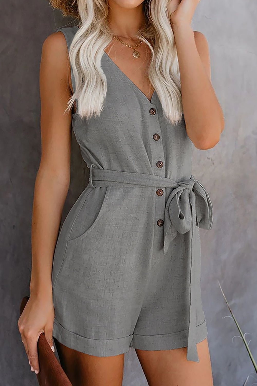 Full Size Tied V - Neck Sleeveless Romper with Pockets - ViarousViarousViarous