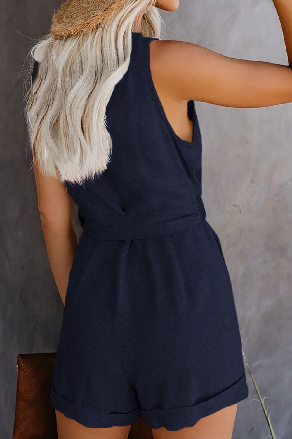 Full Size Tied V - Neck Sleeveless Romper with Pockets - ViarousViarousViarous