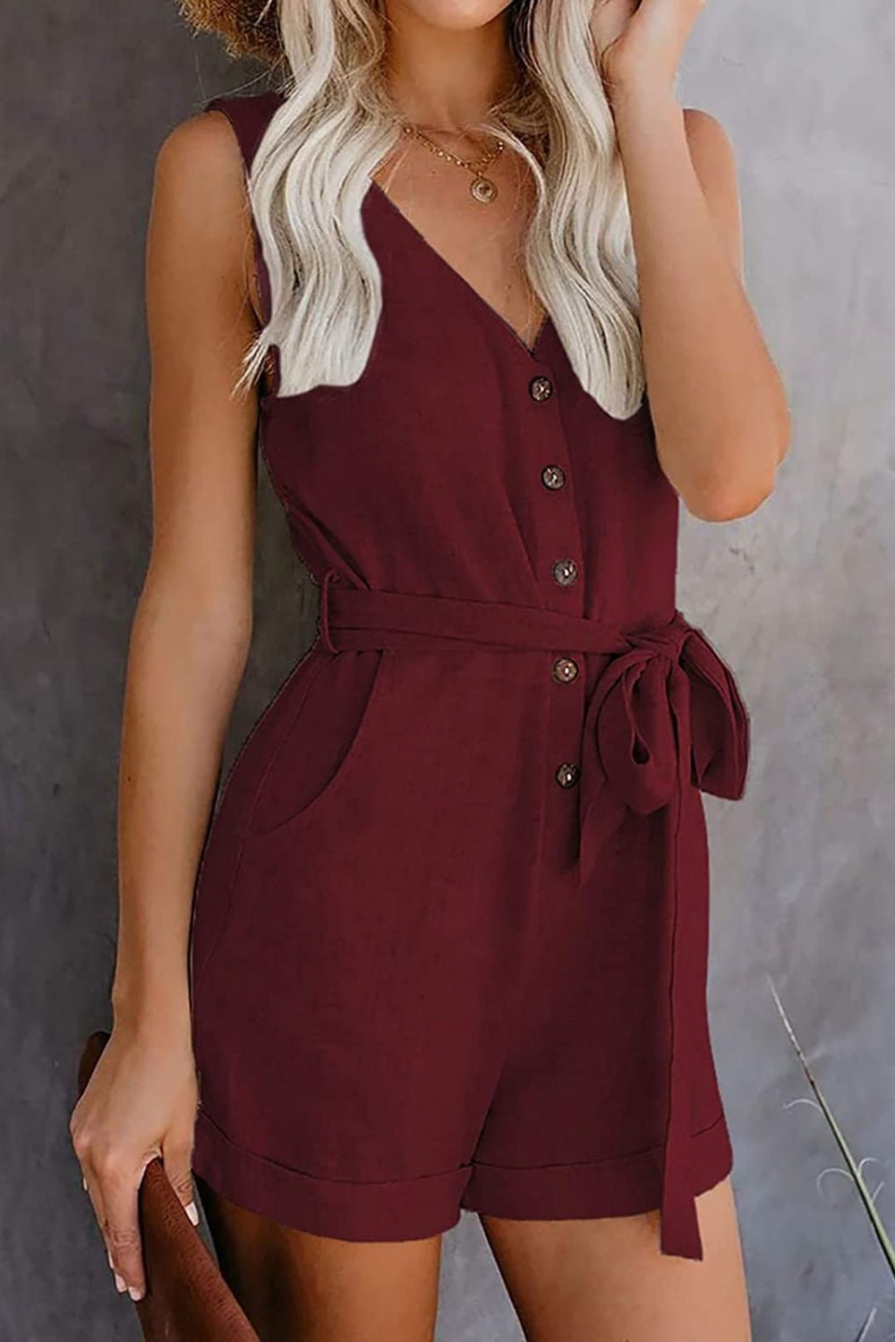 Full Size Tied V - Neck Sleeveless Romper with Pockets - ViarousViarousViarous