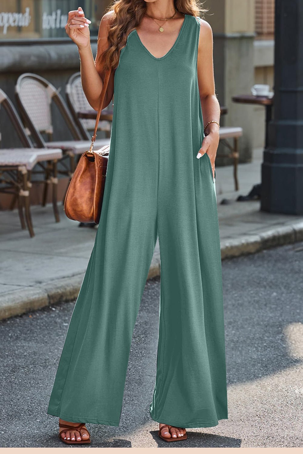 Full Size V - Neck Wide Strap Jumpsuit - ViarousViarousViarous