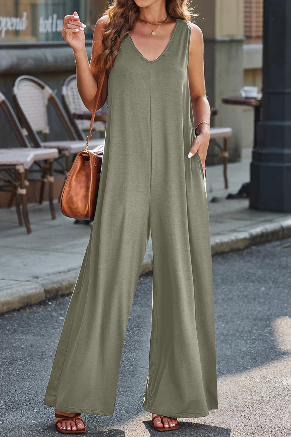 Full Size V - Neck Wide Strap Jumpsuit - ViarousViarousViarous