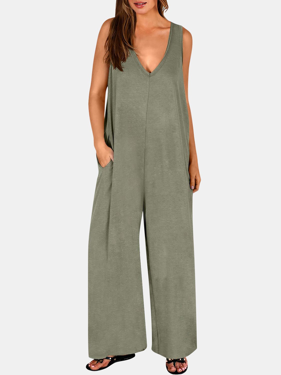 Full Size V - Neck Wide Strap Jumpsuit - ViarousViarousViarous