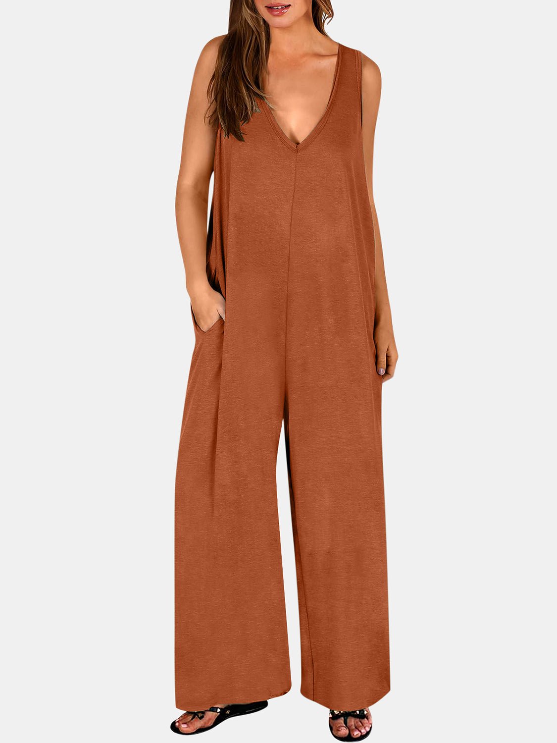 Full Size V - Neck Wide Strap Jumpsuit - ViarousViarousViarous