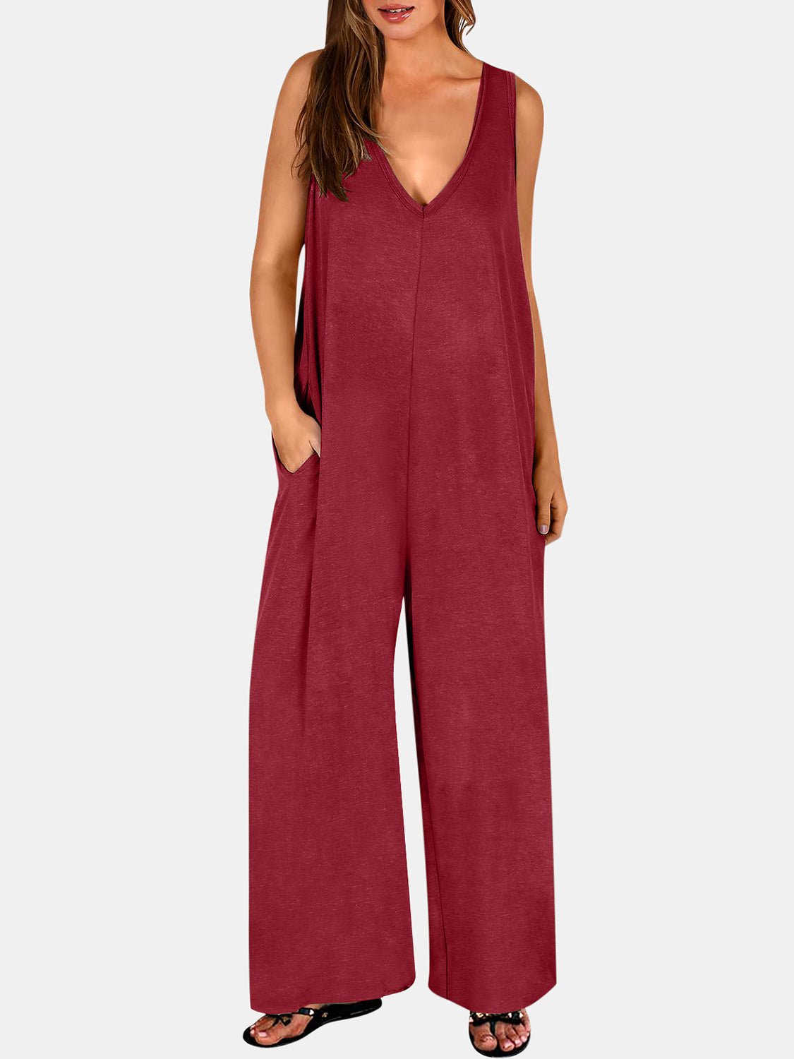 Full Size V - Neck Wide Strap Jumpsuit - ViarousViarousViarous