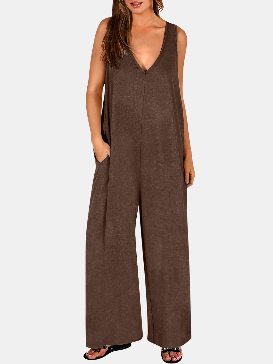 Full Size V - Neck Wide Strap Jumpsuit - ViarousViarousViarous