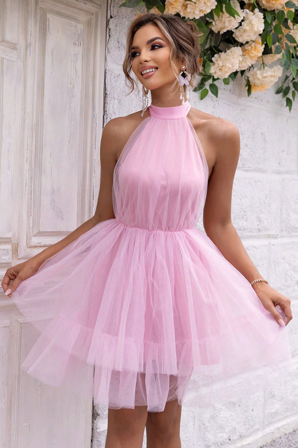 Halter Neck Backless Mesh Dress - ViarousViarousViarous
