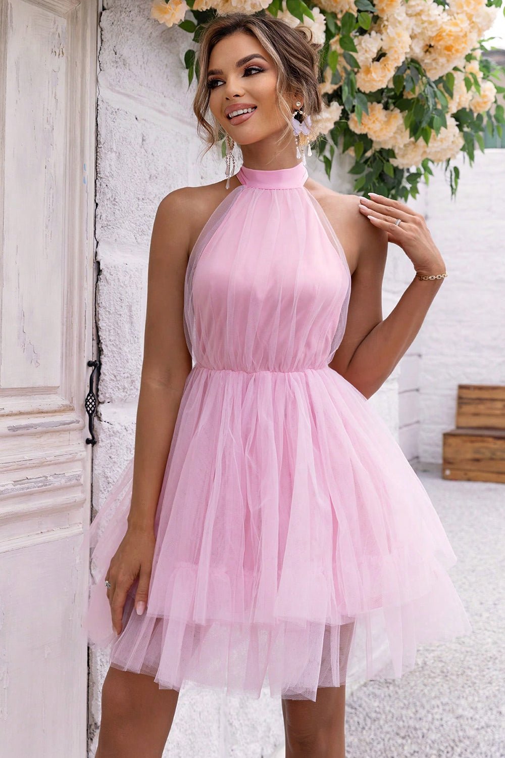 Halter Neck Backless Mesh Dress - ViarousViarousViarous
