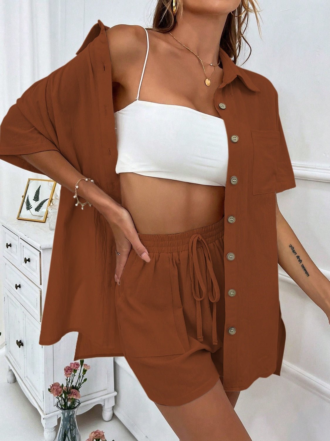 Honey Button Up Half Sleeve Top and Shorts Set - ViarousViarousViarous