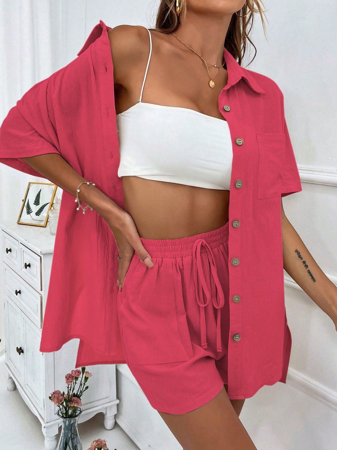 Honey Button Up Half Sleeve Top and Shorts Set - ViarousViarousViarous