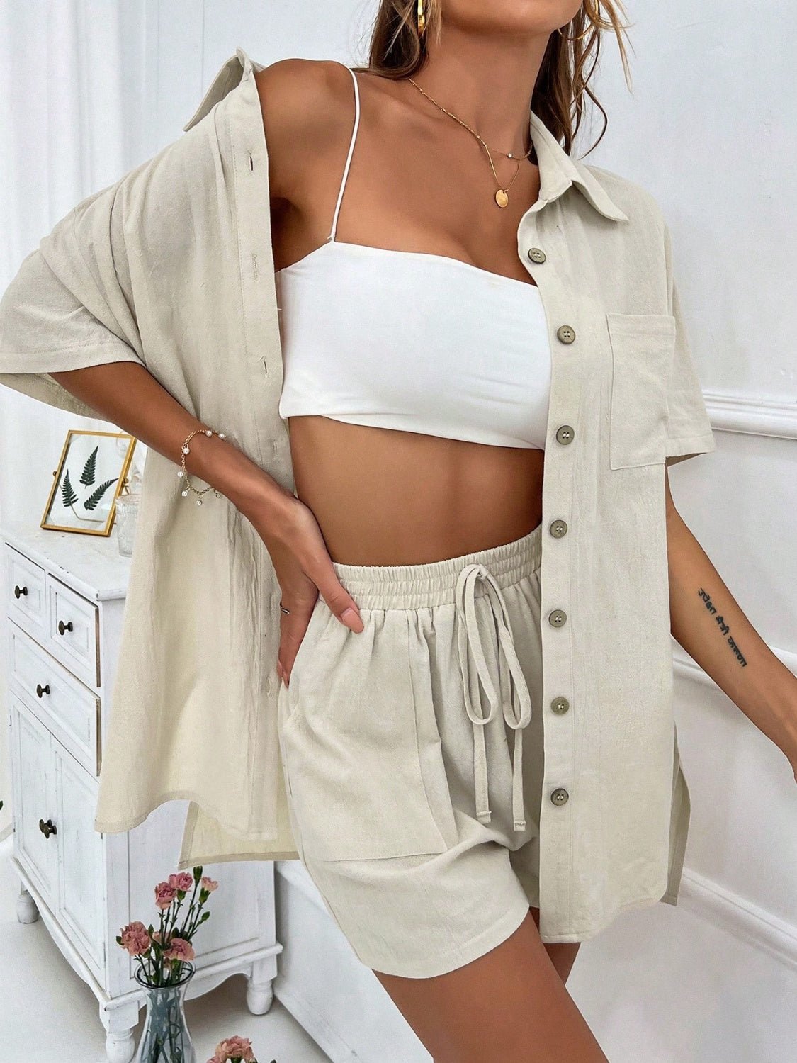 Honey Button Up Half Sleeve Top and Shorts Set - ViarousViarousViarous
